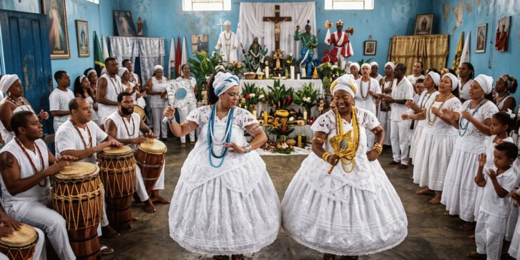 Ceremonia de candomblé en un terreiro baiano con dos iniciadas danzando en transe con collares de Iemanjá y Oxum, tambores atabaques y altar sincrético con santos católicos y orixás al fondo