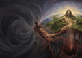 Caos en la mitología griega. A la izquierda, remolinos grises y negros representan el vacío primordial indeterminado. A la derecha, un mundo ordenado con tierras verdes, océanos azules y montañas se forma gradualmente (Gaia) junto con Tártaro y Eros. Líneas de energía dorada conectan ambos estados, mostrando la transición de lo indeterminado a lo determinado. La dualidad visual representa cómo del Caos emerge toda la forma y la existencia ordenada.