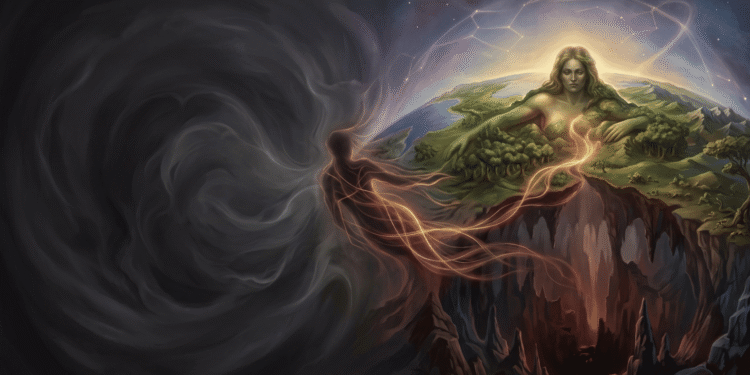Caos en la mitología griega. A la izquierda, remolinos grises y negros representan el vacío primordial indeterminado. A la derecha, un mundo ordenado con tierras verdes, océanos azules y montañas se forma gradualmente (Gaia) junto con Tártaro y Eros. Líneas de energía dorada conectan ambos estados, mostrando la transición de lo indeterminado a lo determinado. La dualidad visual representa cómo del Caos emerge toda la forma y la existencia ordenada.
