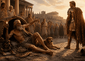 Diógenes en su barril en Atenas, rechazando indiferentemente al conquistador Alejandro Magno que le ofrece cualquier cosa que desee. Con un perro a su lado, simbolizando la libertad radical cínica, la crítica social y la indiferencia ante el poder del cinismo.