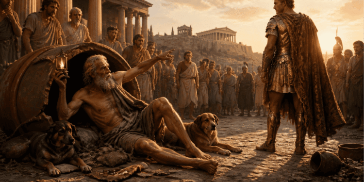 Diógenes en su barril en Atenas, rechazando indiferentemente al conquistador Alejandro Magno que le ofrece cualquier cosa que desee. Con un perro a su lado, simbolizando la libertad radical cínica, la crítica social y la indiferencia ante el poder del cinismo.