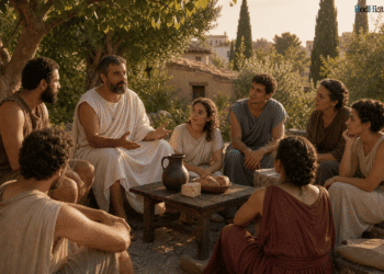 Epicuro en el Jardín enseñando a estudiantes, hombres y mujeres, alrededor de una mesa simple con pan y agua, conversando bajo los árboles, simbolizando amistad, simplicidad y paz mental del epicureismo.