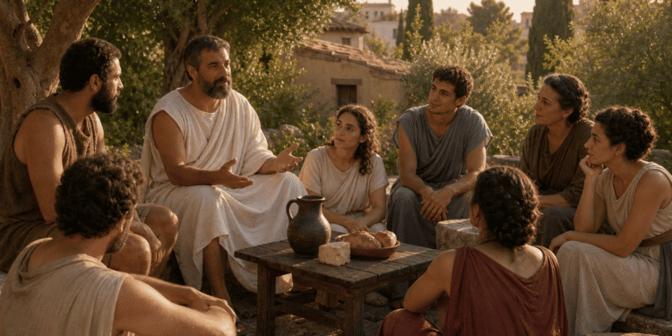 Epicuro en el Jardín enseñando a estudiantes, hombres y mujeres, alrededor de una mesa simple con pan y agua, conversando bajo los árboles, simbolizando amistad, simplicidad y paz mental del epicureismo.