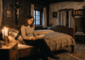 Joven católica leyendo la Biblia en una habitación bávara con crucifijo, imagen de la Virgen, rosario y velas encendidas, evocando el contexto de profunda devoción religiosa de Anneliese Michel