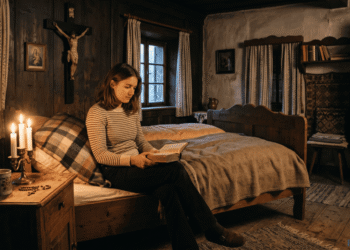 Joven católica leyendo la Biblia en una habitación bávara con crucifijo, imagen de la Virgen, rosario y velas encendidas, evocando el contexto de profunda devoción religiosa de Anneliese Michel