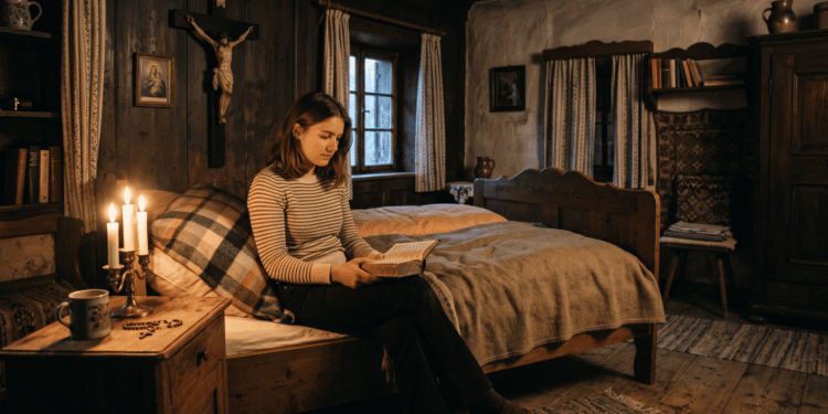 Joven católica leyendo la Biblia en una habitación bávara con crucifijo, imagen de la Virgen, rosario y velas encendidas, evocando el contexto de profunda devoción religiosa de Anneliese Michel