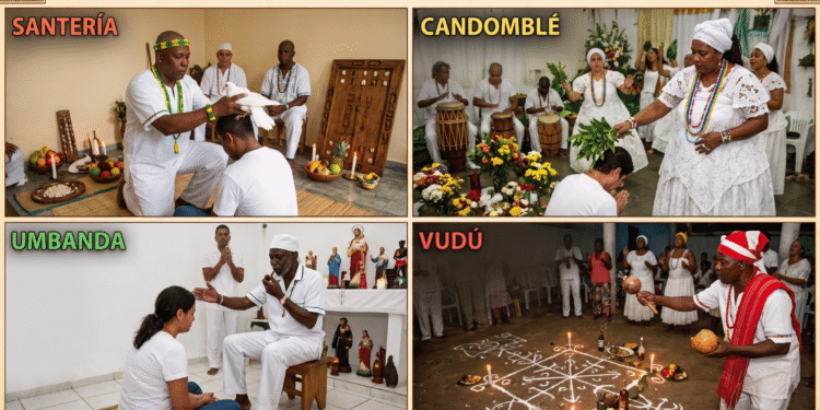 Cuatro rituales de exorcismo en las religiones afroamericanas: santería cubana con paloma y ofrendas, candomblé brasileño con mãe de santo y tambores, umbanda con passe y figuras de santos, y vudú haitiano con vévé trazado en el suelo