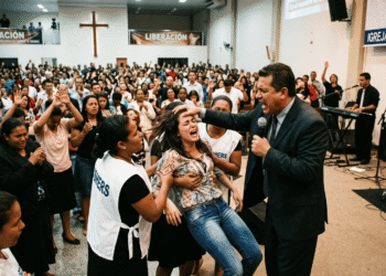 Exorcismo pentecostal: pastor imponiendo las manos sobre una mujer durante una ceremonia de liberación ante una congregación de cientos de personas, con carteles de Liberación e Igreja Pentecostal al fondo