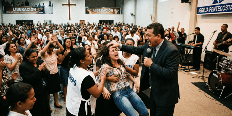Exorcismo pentecostal: pastor imponiendo las manos sobre una mujer durante una ceremonia de liberación ante una congregación de cientos de personas, con carteles de Liberación e Igreja Pentecostal al fondo