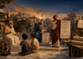 Ilustración de la filosofía griega antigua mostrando a Sócrates, Platón y Aristóteles debatiendo en una ágora griega clásica, con la Acrópolis de fondo y etiquetas de escuelas filosóficas como estoicismo, epicureísmo y escepticismo.