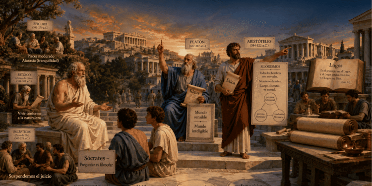 Ilustración de la filosofía griega antigua mostrando a Sócrates, Platón y Aristóteles debatiendo en una ágora griega clásica, con la Acrópolis de fondo y etiquetas de escuelas filosóficas como estoicismo, epicureísmo y escepticismo.