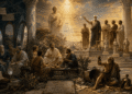 Ilustración de filósofos helenísticos debatiendo filosofía en tiempos de crisis: Epicuro con sus amigos compartiendo comida sencilla, Zenón y estoicos predicando virtud, Diógenes rechazando convenciones, Pirro cuestionando todo, Plotino contemplando el Uno y las emanaciones en el cielo.