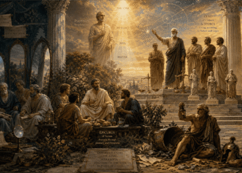 Ilustración de filósofos helenísticos debatiendo filosofía en tiempos de crisis: Epicuro con sus amigos compartiendo comida sencilla, Zenón y estoicos predicando virtud, Diógenes rechazando convenciones, Pirro cuestionando todo, Plotino contemplando el Uno y las emanaciones en el cielo.