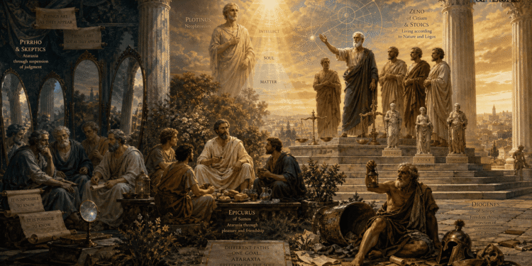 Ilustración de filósofos helenísticos debatiendo filosofía en tiempos de crisis: Epicuro con sus amigos compartiendo comida sencilla, Zenón y estoicos predicando virtud, Diógenes rechazando convenciones, Pirro cuestionando todo, Plotino contemplando el Uno y las emanaciones en el cielo.