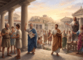 Ilustración de filósofos griegos del periodo clásico debatiendo en la Acrópolis de Atenas, mostrando Sócrates, Platón y Aristóteles en un ágora griega rodeada de templos clásicos, con la Acrópolis y el Partenón de fondo.