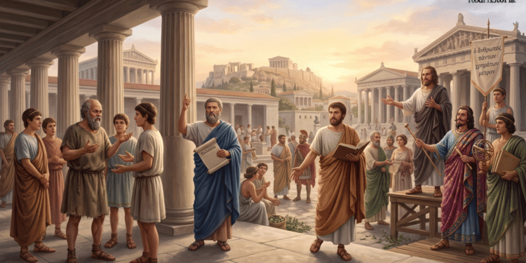 Ilustración de filósofos griegos del periodo clásico debatiendo en la Acrópolis de Atenas, mostrando Sócrates, Platón y Aristóteles en un ágora griega rodeada de templos clásicos, con la Acrópolis y el Partenón de fondo.