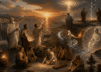 Ilustración de los filósofos presocráticos griegos debatiendo sobre la naturaleza del universo, mostrando símbolos de agua, fuego, números y cosmología en un paisaje griego antiguo con templos y el mar Egeo.