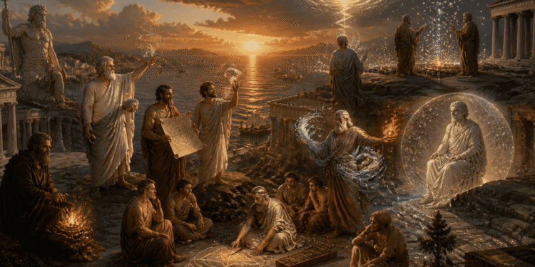Ilustración de los filósofos presocráticos griegos debatiendo sobre la naturaleza del universo, mostrando símbolos de agua, fuego, números y cosmología en un paisaje griego antiguo con templos y el mar Egeo.