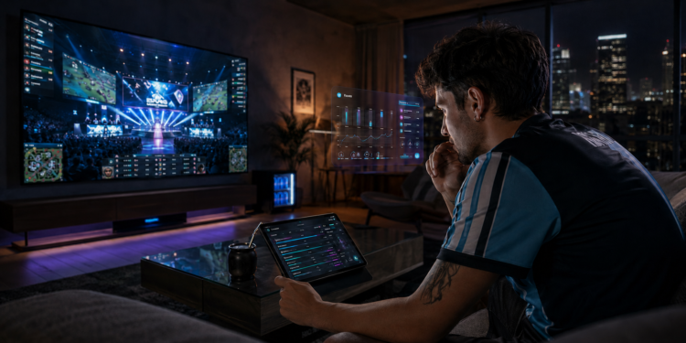 Aficionado viendo un torneo de deportes electrónicos mientras revisa apuestas en una tableta