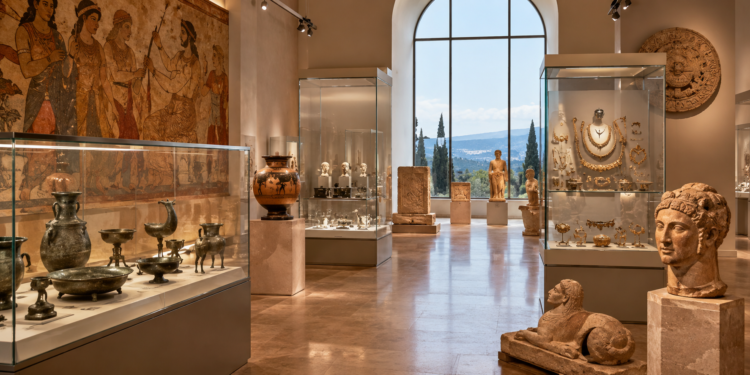 Exposición de objetos etruscos en una sala de museo