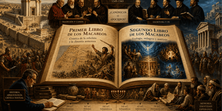 Infografía educativa mostrando los Libros de Macabeos como textos histórico-teológicos: Primer Libro (crónica militar de la rebelión) versus Segundo Libro (teología, milagros y martirio), con el Concilio de Trento decidiendo canonicidad, línea temporal desde 200 a.C. a 70 d.C. y académicos modernos realizando análisis crítico textual.