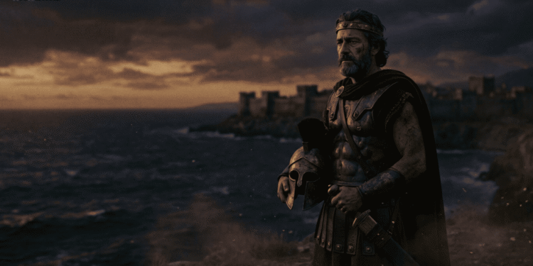 Menelao, rey de Esparta con armadura griega, mirando hacia Troya en el horizonte, sosteniendo casco, símbolo de la búsqueda de Helena