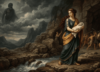 Rea, la titánide madre de los dioses, sostiene al bebé Zeus envuelto en pañales en una cueva montañosa. A su alrededor, los Curetes (demonios guerreros) montan guardia, haciendo ruido para enmascarar el llanto del bebé. En la sombra superior, la figura amenazante de Cronos observa desde la distancia. A la derecha, ninfas cuidan el refugio. Un río fluye en primer plano. La atmósfera es de secreto, protección maternal y tensión cósmica mientras Rea conspira para salvar a su hijo de la devoración segura.