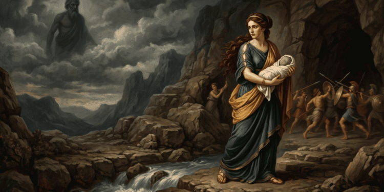 Rea, la titánide madre de los dioses, sostiene al bebé Zeus envuelto en pañales en una cueva montañosa. A su alrededor, los Curetes (demonios guerreros) montan guardia, haciendo ruido para enmascarar el llanto del bebé. En la sombra superior, la figura amenazante de Cronos observa desde la distancia. A la derecha, ninfas cuidan el refugio. Un río fluye en primer plano. La atmósfera es de secreto, protección maternal y tensión cósmica mientras Rea conspira para salvar a su hijo de la devoración segura.