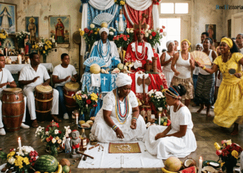 Ceremonia de santería cubana con santera realizando la tirada de dilogún, tambores batá, ofrendas de frutas, collares de orishas y altar sincrético con imágenes de santos católicos y atributos de los orishas