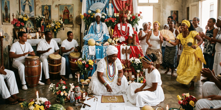 Ceremonia de santería cubana con santera realizando la tirada de dilogún, tambores batá, ofrendas de frutas, collares de orishas y altar sincrético con imágenes de santos católicos y atributos de los orishas