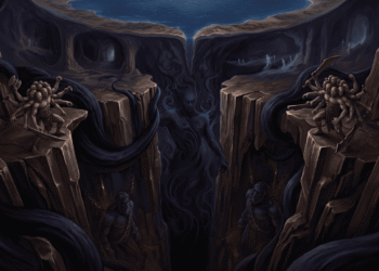 Una caverna subterránea oscura y profunda representa el Tártaro. En el centro, figuras espectrales encadenadas (prisioneros Titanes) permanecen confinadas en la oscuridad absoluta. A ambos lados, los Hecatónquiros (gigantes de múltiples brazos y cabezas) montan guardia, vigilando eternamente. Las paredes de roca se extienden hacia la profundidad infinita. Una pequeña abertura azul arriba sugiere el mundo lejano, inasequible. Cadenas de hierro se desvanecen en la oscuridad. La atmósfera comunica confinamiento absoluto, desesperación y la imposibilidad de escape.