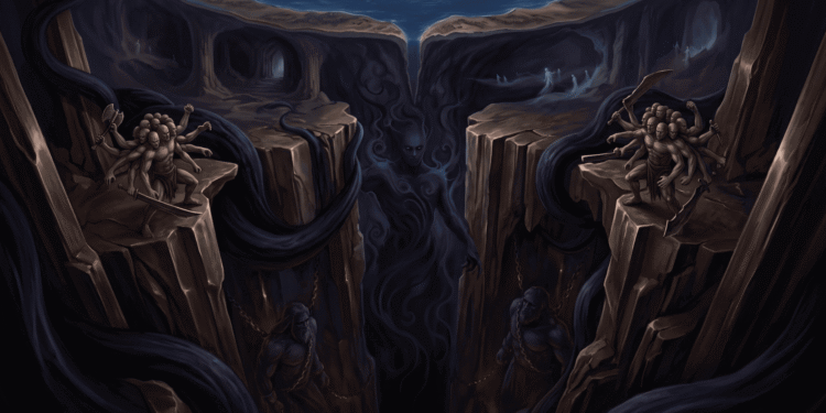 Una caverna subterránea oscura y profunda representa el Tártaro. En el centro, figuras espectrales encadenadas (prisioneros Titanes) permanecen confinadas en la oscuridad absoluta. A ambos lados, los Hecatónquiros (gigantes de múltiples brazos y cabezas) montan guardia, vigilando eternamente. Las paredes de roca se extienden hacia la profundidad infinita. Una pequeña abertura azul arriba sugiere el mundo lejano, inasequible. Cadenas de hierro se desvanecen en la oscuridad. La atmósfera comunica confinamiento absoluto, desesperación y la imposibilidad de escape.