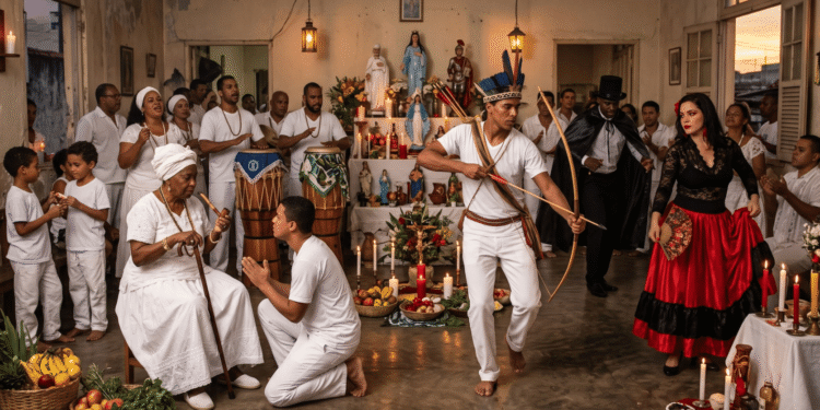 Ceremonia de umbanda con un preto velho sentado con bastón, un caboclo con arco y tocado de plumas y una pombagira con vestido rojo y negro, ante un altar sincrético con santos católicos y ofrendas