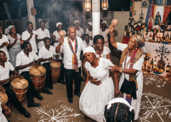 Ceremonia de vudú haitiano en un peristilo con houngan portando ason, mambo asistiendo a una iniciada en trance, tambores sagrados, altar sincrético y vévés de Legba y Baron Samedi trazados en el suelo