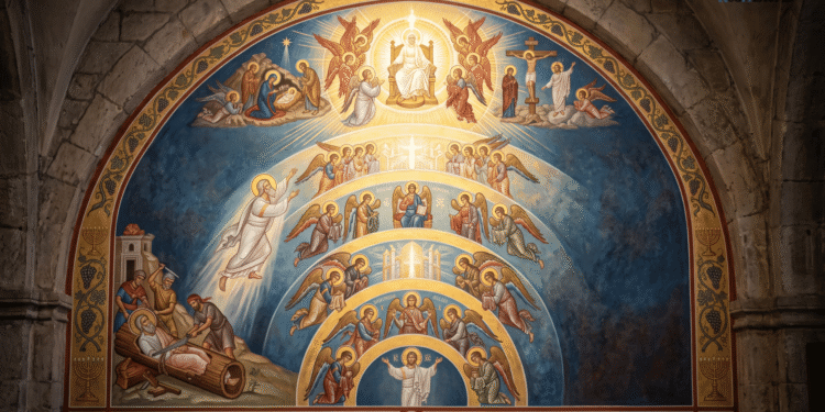 Ascensión de Isaías: los siete cielos celestiales en cosmología concéntrica con Isaías en la tierra contemplando la ascensión mística hacia el Trono Divino, rodeado de ángeles en jerarquía progresiva