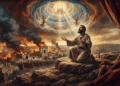 Apocalipsis de Baruc. Baruc, arrodillado, recibiendo visión celestial del Trono Divino mientras Jerusalén arde durante la destrucción del Segundo Templo (70 d.C.)
