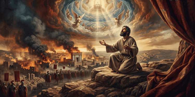 Apocalipsis de Baruc. Baruc, arrodillado, recibiendo visión celestial del Trono Divino mientras Jerusalén arde durante la destrucción del Segundo Templo (70 d.C.)