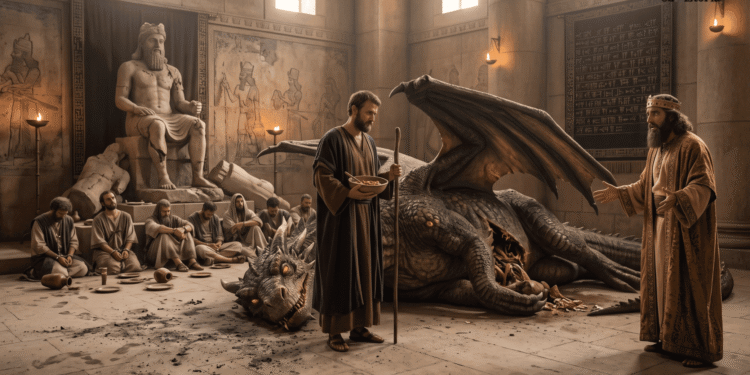 Bel y el Dragón: Daniel en el templo babilónico ofreciendo comida envenenada al dragón adorado como dios, mientras el rey Ciro y los sacerdotes observan, con la estatua de Bel y la pompa religiosa de fondo