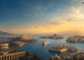 Composición artística de ciudades históricas del Mediterráneo: Coliseo (Roma), Partenón (Atenas), Mezquita Azul (Estambul) y crucero