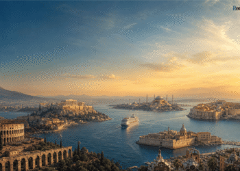 Composición artística de ciudades históricas del Mediterráneo: Coliseo (Roma), Partenón (Atenas), Mezquita Azul (Estambul) y crucero