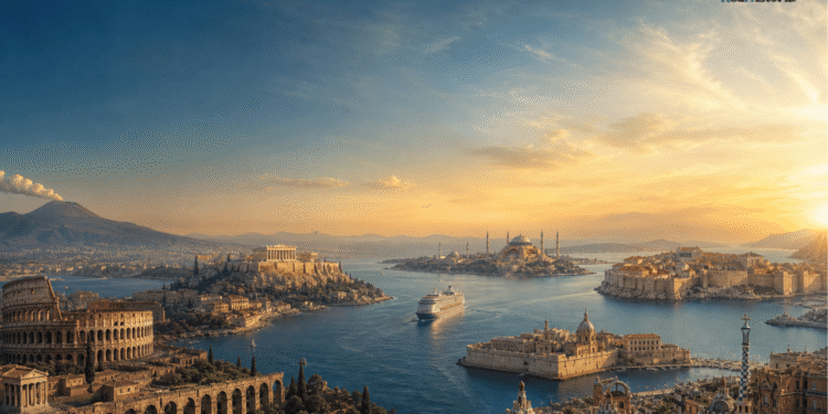 Composición artística de ciudades históricas del Mediterráneo: Coliseo (Roma), Partenón (Atenas), Mezquita Azul (Estambul) y crucero
