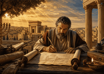 Escriba judío en el Segundo Templo escribiendo pergaminos de la Torá con menora y Jerusalén de fondo, representando el contexto histórico del Eclesiástico de Ben Sirá