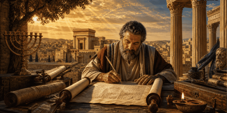 Escriba judío en el Segundo Templo escribiendo pergaminos de la Torá con menora y Jerusalén de fondo, representando el contexto histórico del Eclesiástico de Ben Sirá