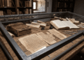 Manuscritos antiguos del Evangelio de Felipe en griego sobre escritorio monástico, papiro copto con texto gnóstico sobre sacramentos místicos, bautismo crismo eucaristía reinterpretados, recreación artística de textos apócrifos cristianos primitivos