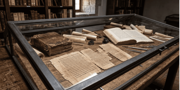 Manuscritos antiguos del Evangelio de Felipe en griego sobre escritorio monástico, papiro copto con texto gnóstico sobre sacramentos místicos, bautismo crismo eucaristía reinterpretados, recreación artística de textos apócrifos cristianos primitivos