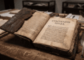 Manuscrito antiguo del Evangelio de Judas en griego sobre escritorio monástico, papiro copto con texto gnóstico que reinterpreta la traición como acto sagrado, recreación artística de descubrimiento papiro 2006