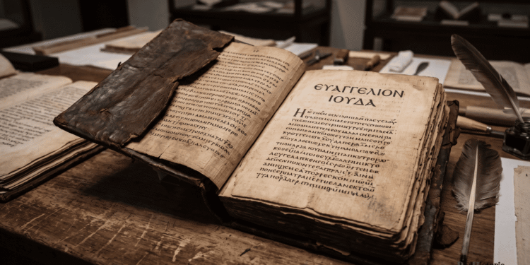 Manuscrito antiguo del Evangelio de Judas en griego sobre escritorio monástico, papiro copto con texto gnóstico que reinterpreta la traición como acto sagrado, recreación artística de descubrimiento papiro 2006