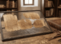 Fragmentos de papiro del Evangelio de María Magdalena en griego en vitrina de vidrio sobre escritorio monástico antiguo, manuscritos incompletos que muestran texto copto de visiones gnósticas y autoridad apostólica femenina, recreación artística de textos cristianos primitivos