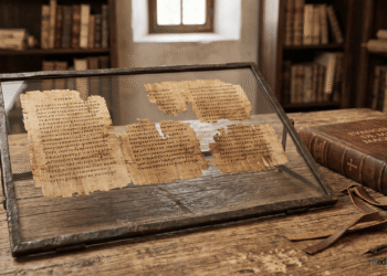 Fragmentos de papiro del Evangelio de María Magdalena en griego en vitrina de vidrio sobre escritorio monástico antiguo, manuscritos incompletos que muestran texto copto de visiones gnósticas y autoridad apostólica femenina, recreación artística de textos cristianos primitivos