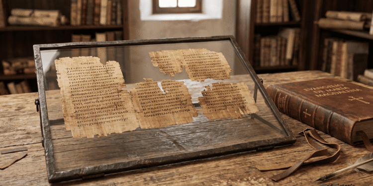 Fragmentos de papiro del Evangelio de María Magdalena en griego en vitrina de vidrio sobre escritorio monástico antiguo, manuscritos incompletos que muestran texto copto de visiones gnósticas y autoridad apostólica femenina, recreación artística de textos cristianos primitivos